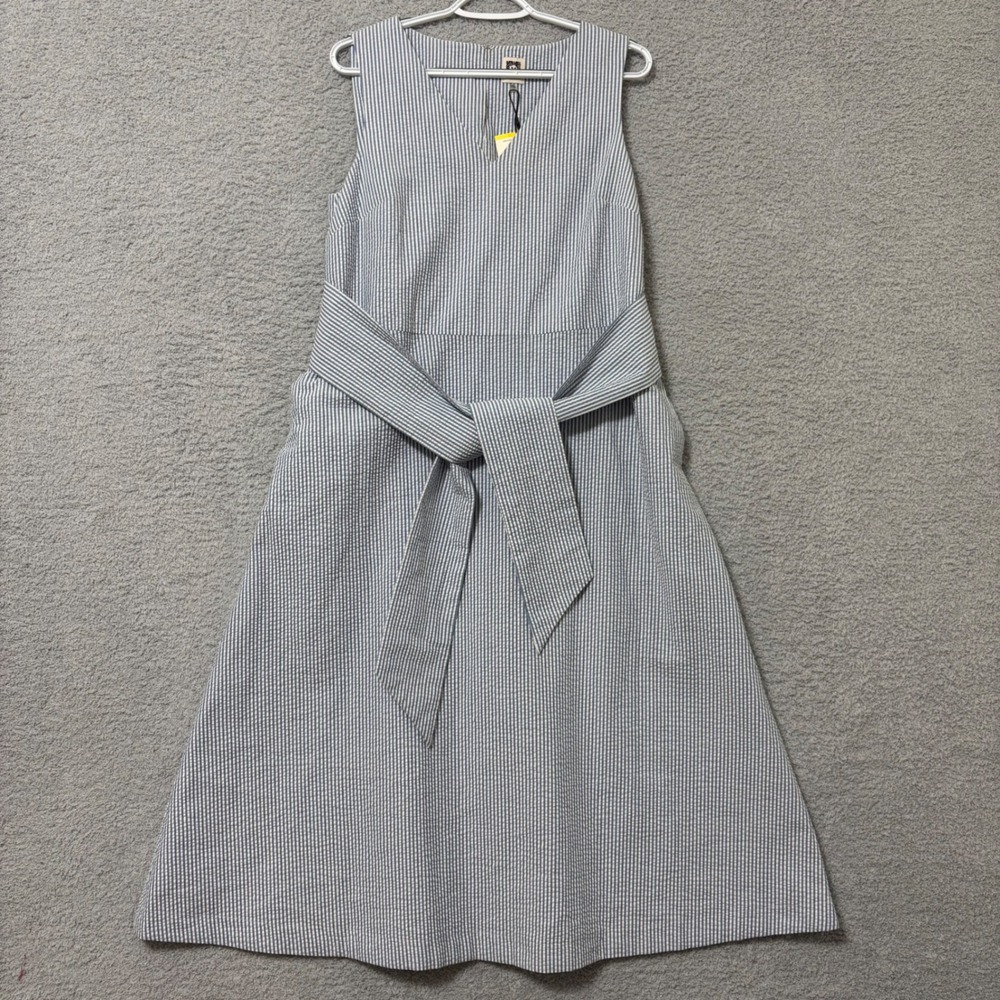 Striped Fit & Flare Midi Dress Tie Waist Pockets Sleeveless Work Modest Size M